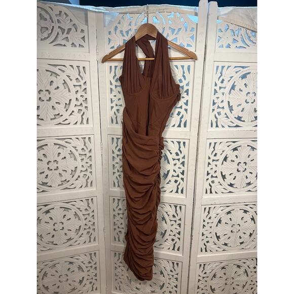 House of CB Valentina Mocha Asymmetric Cutout Midi Dress Size S Small - Picture 5 of 10